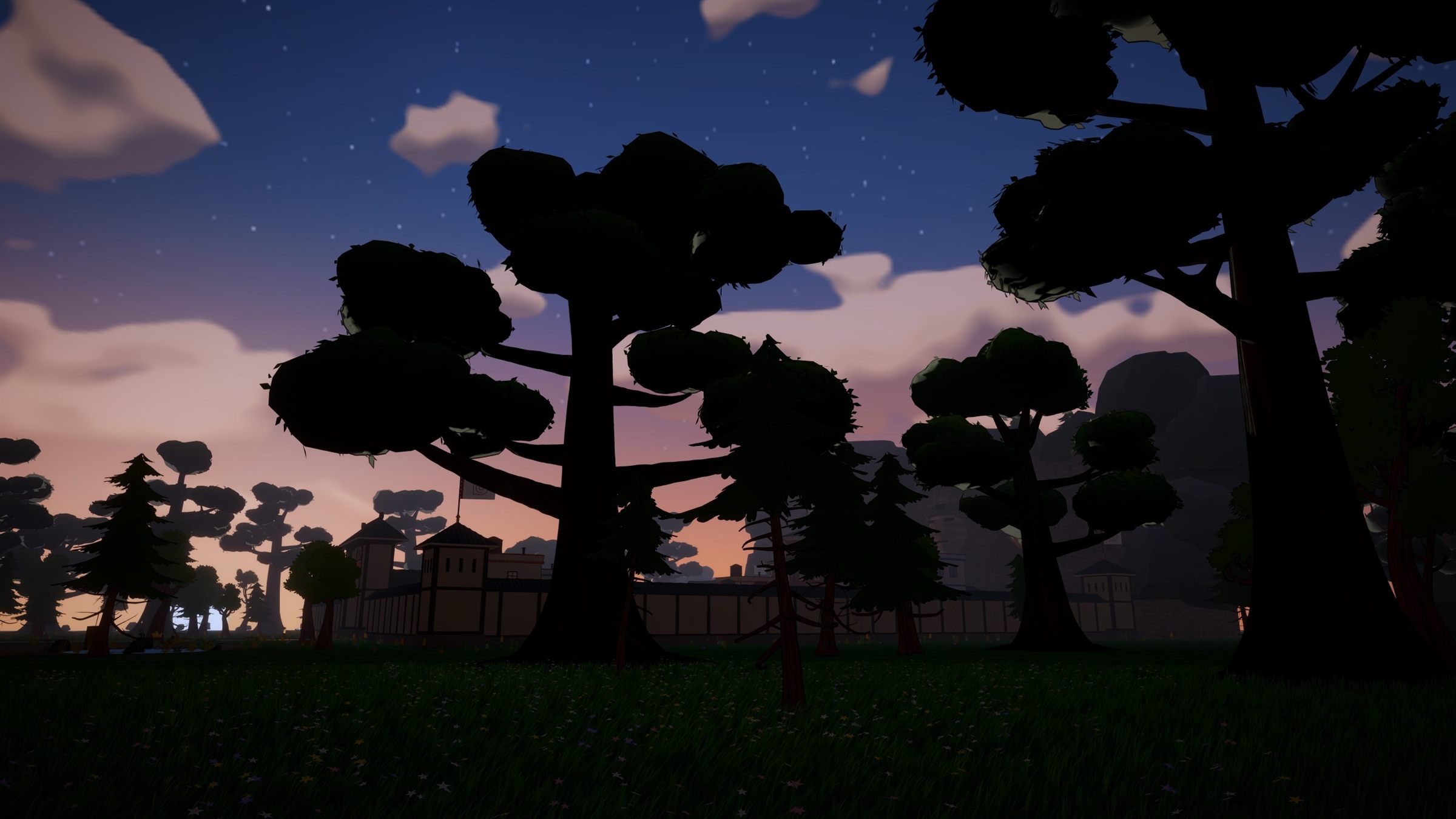 The walls of Maple village at dusk, among giant trees